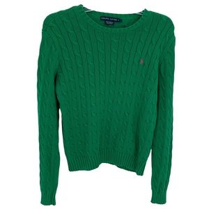 Ralph Lauren Women’s Size L Green Cable Knit Sweater Pink Embroidered Logo